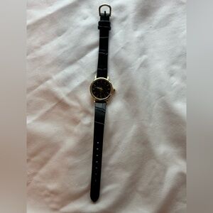 Gold-Tone Watch w Black Simulated Leather Strap